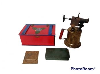 MIX LOT, TURNER BRASS WORKS BLOW TORCH WITH WOOD HANDLE, METAL POCKET TACKLE BOX, THE TRAVELERS INSURANCE