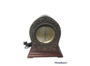ANTIQUE HAND CARVED BLACK FOREST WOOD CATHEDRAL MANTLE CLOCK MADE BY THE CLOCK CORP. NEWARK NJ.  9' TALL