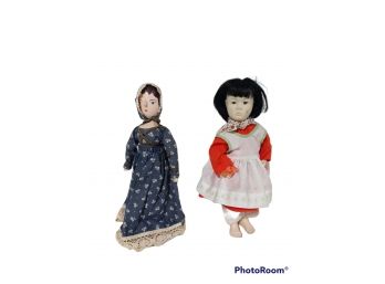 PAIR OF VINTAGE DOLLS, HANDMADE WOODEN DOLL, & ASIAN DOLL WITH WHITE & RED DRESS 12' TALL