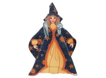 FOLK ART HANDMADE WOODEN HAND PAINTED HALLOWEEN THEMED WITCH AND CAT WALL HANGING 16' TALL 11' WIDE