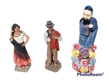 MIX LOT, CHINESE PORCELAIN HAND PAINTED MAN FIGURINE 8' TALL, MALE & FEMAL MEXICAN FIGURINE SIGNED MARSA Z