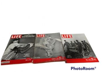 LOT OF 3 VINTAGE LIFE MAGAZINES, 1940'S & 1950'S, BASEBALL,WWII