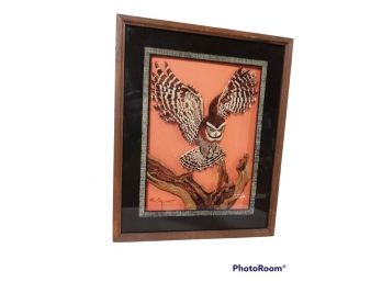 Reverse Glass Owl In Flight Painting Vintage Art 1970s Lu Lus Inc. Orem, Utah  21'X17'