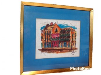 VINTAGE SMALL ARCHITECTURE COLORFUL WATER COLOR PAINTING SIGNED ABEL 67     15'X13.5'