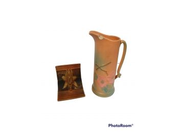 PAIR OF ANTIQUE POTERY PIECES,  WELLER POTTERY FLOWER PITCHER, ROSEWOOD USA BOOK EIND