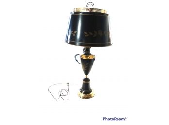 Antique Mid Century Desk Lamp, Milk Glass Reflector, Black And Gold Tole Metal Shade. Tested Works