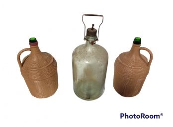Antique Glass Kerosene Jug With Handle Along With 2 Wine Jugs