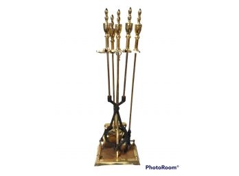 ANTIQUE STYLE BRASS PLATED 5 PIECE FIREPLACE TOOL SET WITH STAND