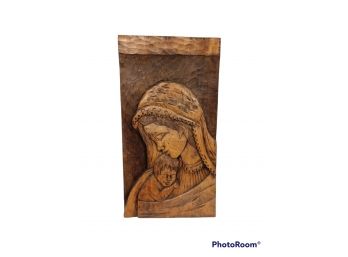 FOLK ART CARVED WOOD WALL HANGING OF MARY AND CHRIST 22'X12'