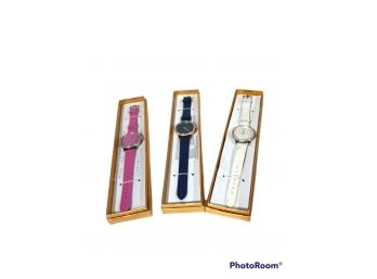 LOT OF 3 SOLID COLOR WRIST WATCHES, PINK BLUE,WHITE