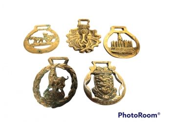 Vintage Lot Of 5 Brass Horse Medallion Harness Bridle Ornaments