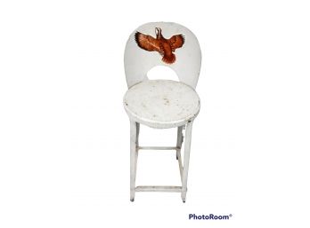 ANTIQUE METAL  WHITE HIGH CHAIR WITH PHEASANT DECAL 32' TALL