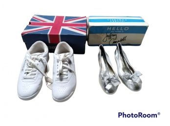 TWO PAIRS OF WOMANS SHOES, CLASSIC WHITE REEBOK'S & SILVER JEFFREY CAMPBELL FLATS