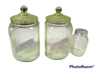 VINTAGE 1950'S GREEN DEPRESSION GLASS KITCHEN CANISTERS, FLOUR, COFFEE, SUGAR