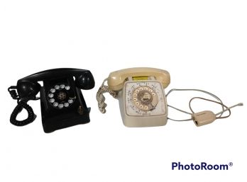 PAIR OF  ANTIQUE TELEPHONES, BLACK BAKELITE HOTEL ROTARY PHONE & TAN GTE ROTARY PHONE