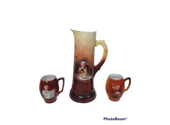 MONK BEER PITCHER WITH PAIR OF MONK BEER STEINS/MUGS