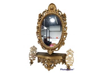VICTORIAN STYLE MIRROR, SHELF AND A PAIR OF WALL CANDLE SCONCES