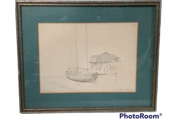 BOAT HOUSE WITH SAILBOAT FRAMED PRINT 16.75'X13.5'