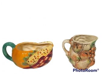 PAIR OF MAJOLICA PIECES, GRAVY BOWL, AND CREAMER