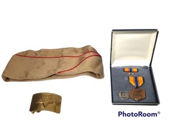 BOYSCOUT HAT, MEDAL AND BELT BUCKLE