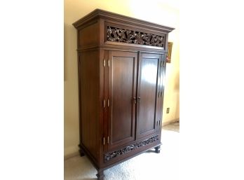 Grand Storage Armoire - Open Shelving And Carved Bottom Drawer With Dovetailed Construction