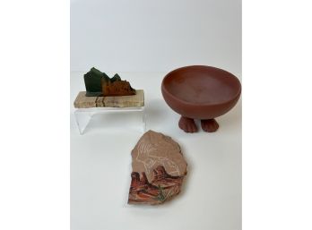 Lot Of 3 - Decorative Accessories. Business Card Holder, Footed Terra Cotta Bowl, Original Art On Stone