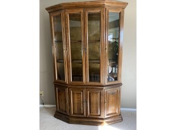 Gorgeous Pecan Wood Lighted Display Cabinet With Gold Paper Backing Inside LR