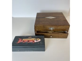 Two Wooden Boxes- Wm & Rogers Flatware Box And Blue Box With Carved Fish Detail Bdr