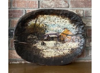 Winter Scene On Antique Hand Carved, Painted Bowl Bdr