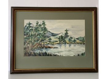 Signed Watercolor, 1966 By Sue Grosleaux- Mountain Lake Scene Bdr