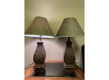 Pair Of Lamps- Rust Patina With Woven Shades OF