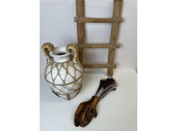 Ladder, Organic Wall Vase With Feathers, Heavy Pottery Vessel With Caning OFC