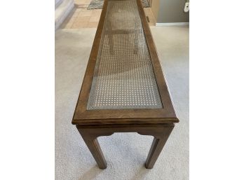 Beautiful Pecan Wood Sofa Table With Cane Top And Glass LR