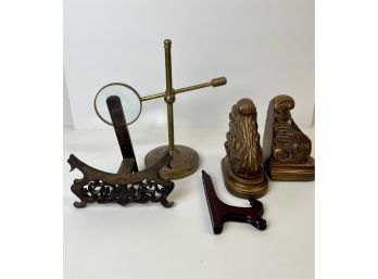 Antique Brass Magnifier On Stand, Bookends, Wooden Plate Holders