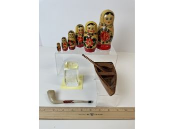 Nesting Dolls, Carved Wooden Boat, Pipe, Crystal