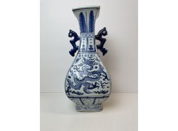 Blue And White Porcelain Dragon Motif Vase With Handles