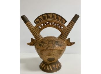 Peruvian Carved Vessel With Two Openings