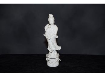 Chinese Blanc De Chine Porcelain Quan Yin Lotus Flower Statue 20'