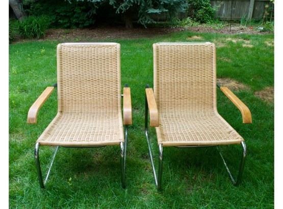 Pair Of Mid Century Chrome Rattan Lounge Chairs