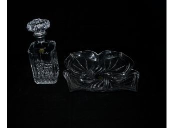 Crystal Decanter And Crate & Barrel Glass Dish