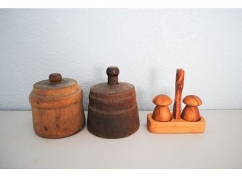 Pair Of Wooden Butter Molds And Salt And Pepper Shaker With Stand