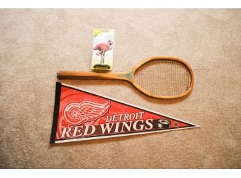 Vintage Wooden Racket, NHL Pennant And Bobbing Flamingo