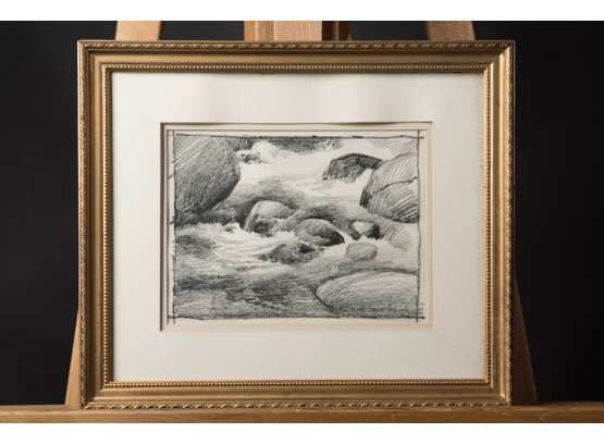 Framed Pencil Drawing Of A River