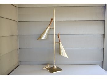 Mid Century Brass And Walnut Double Cone Lamp