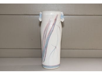 Signed White And Blue Ceramic Cylinder Vase