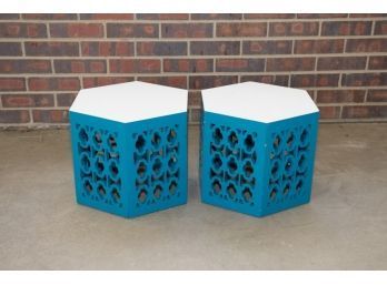 Lot Of Two Teal Wooden Side Tables