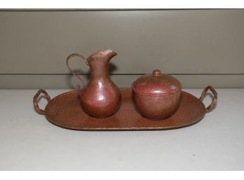 Hammered Copper Items Including Tray Pitcher And Covered Dish