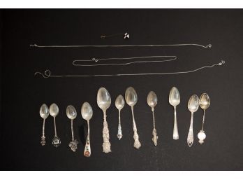 Sterling Silver Souvenir Spoons Chains And Tie Pin