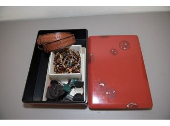 Lot Of Costume Jewelry And Belts In Red Lacquer Box