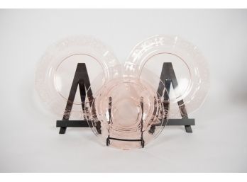 4 Pink Glass Plates 3 With Etched Glass